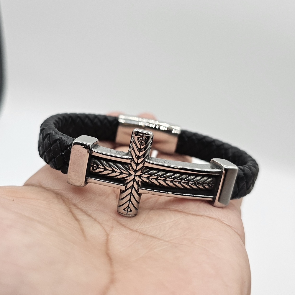 Black Leather Bracelet with Silver Cross